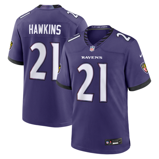 Men's Baltimore Ravens Jaylinn Hawkins Purple Team Game NFL Football Jersey - view 1
