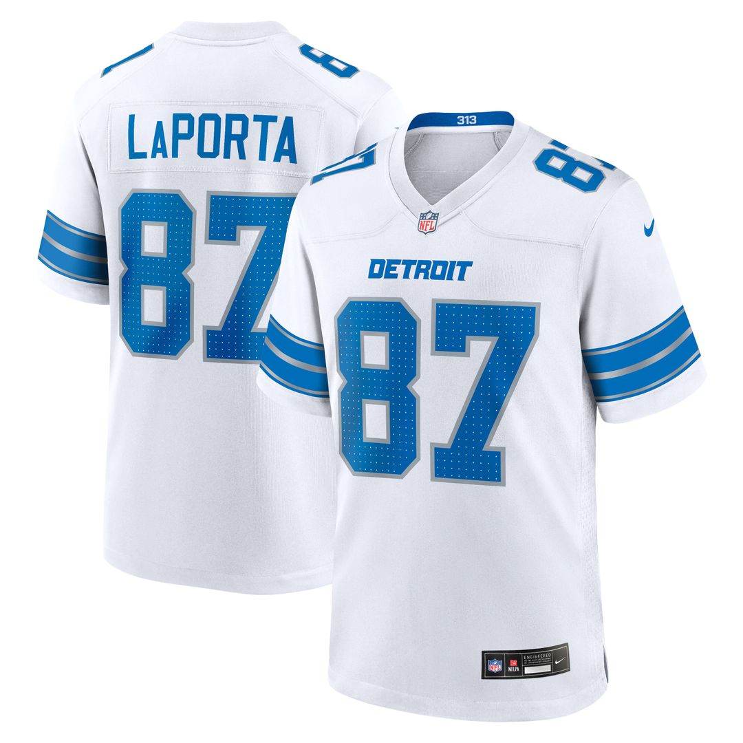 Men's Detroit Lions Sam LaPorta White White Game NFL Football Jersey - view 1